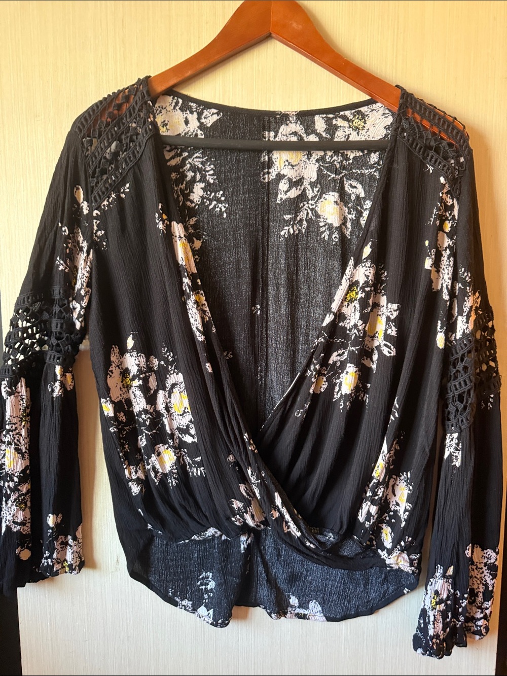 Black Floral Surplice Women's Top with Crochet Sleeves